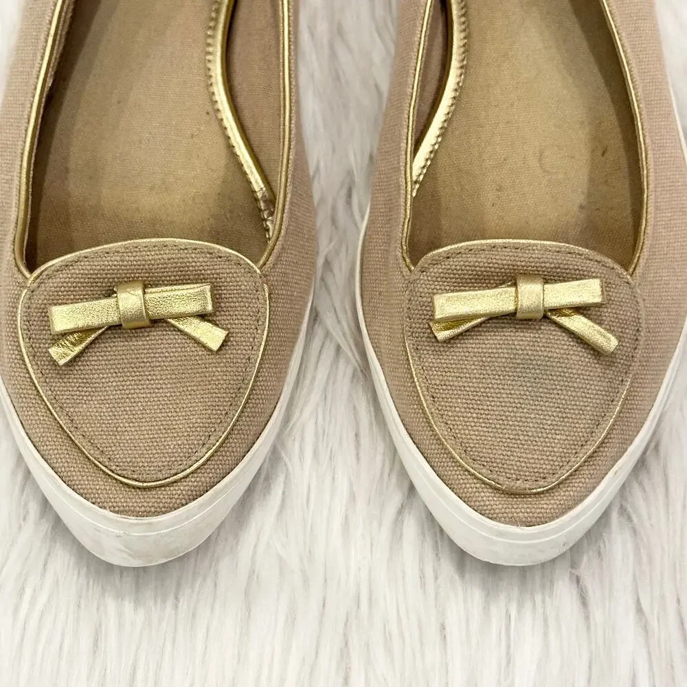 Tory Burch Dakota Flats Sneaker Canvas Leather Bow Logo Shoes, Tan/ Gold